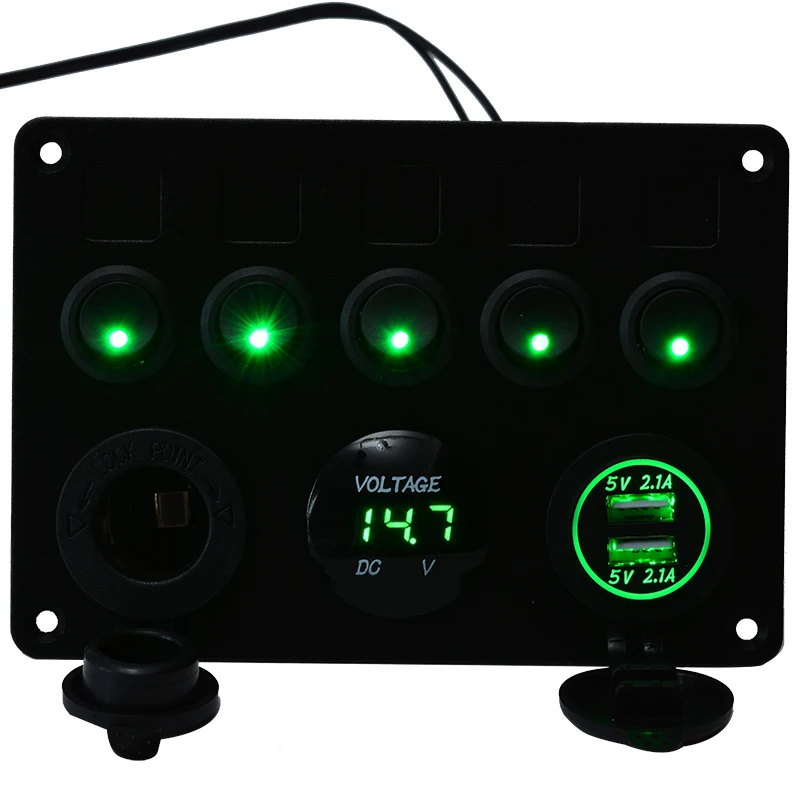 1pc 12-24V 5 Banda ON-OFF tumblerus Panelis Dual USB Ligzda Lādētāja Zaļā LED Voltmetrs 12V Strāvas Kontaktligzdas, Automobiļu Laivu Jūras