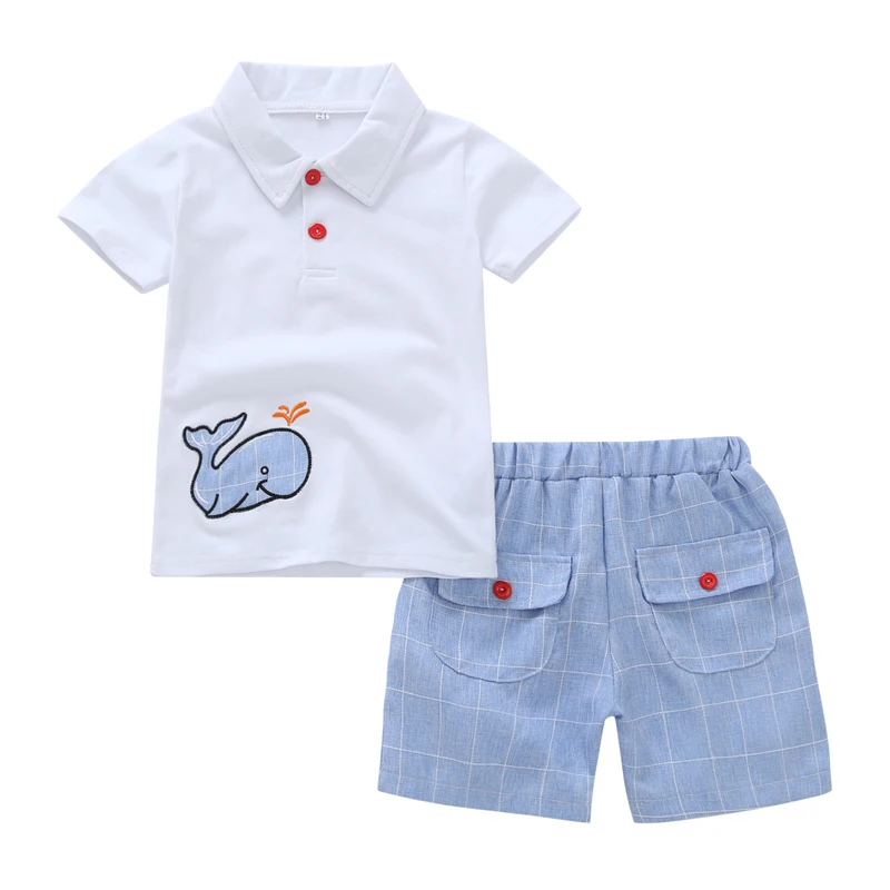 2018. gada vasarā puiku drēbes karikatūra vaļu iespiesti īsām piedurknēm T-krekls topi balts+šorti zilā krāsā 1 2 3 4 gados bērns tērpiem komplekts