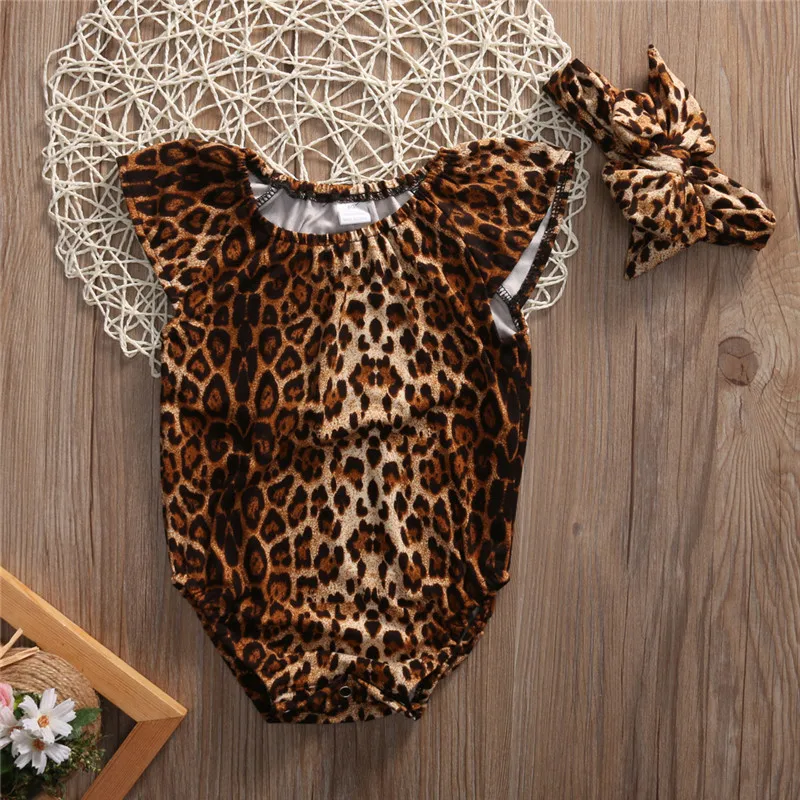 2018 Jauno Vasaras Baby Toddler Meitenes Romper Meitenes Leopard Jumpsuit Jaundzimušā Apģērbu bez Piedurknēm Tērpiem +Galvas 2Pcs Set