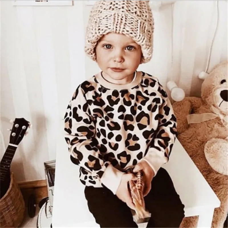 2019. gada Pavasarī Baby Toddler Meitene Apģērbs Bērniem, Zēns, Meitene Leopards Drukāt garām Piedurknēm Džemperis Hoodies sporta Krekli Mētelis 1-7Years