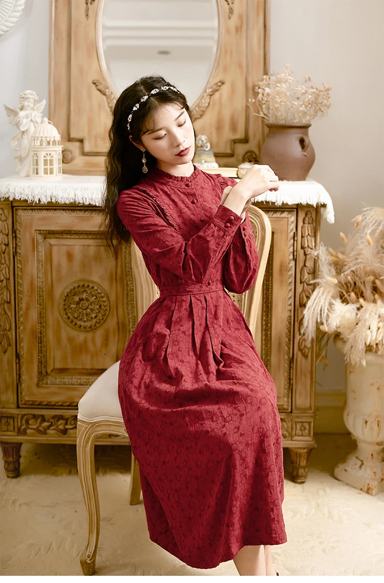 2019 jaunu modes sieviešu apģērbs Vintage sarkana rudens garām piedurknēm kleita kleita sievietēm