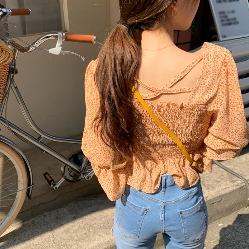 2020. gada Vasaras blūze sievietēm Laukumā Apkakles punkti Blūzes vintage korejas sieviešu Topi laternu šifona piedurknēm krekls blusas mujer de moda