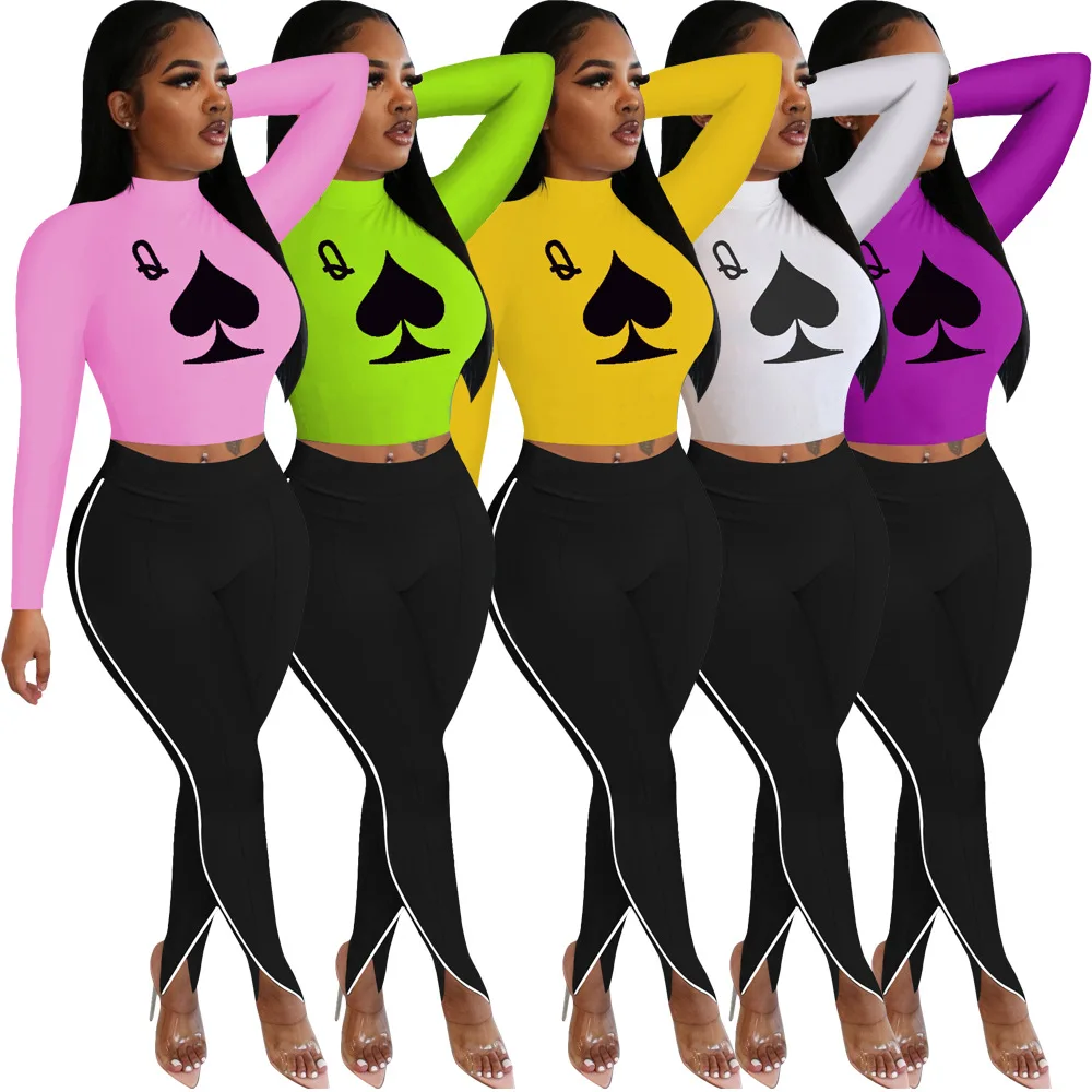 2020. gada Vasaras Sievietes Tērps Cietā krāsu Pokera Lāpstas Q Drukāt garām Piedurknēm Crop Topi Raibs Bikses Divas Gabals, kas Dāmas Drēbes
