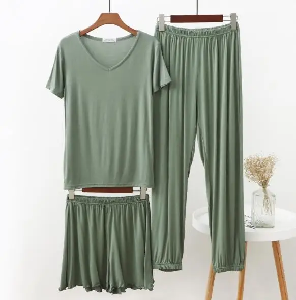 3 Gabali uzstādīt pavasara vasaras pijamas sieviešu kravu kokvilnas ar īsām piedurknēm top + bikses + pidžamas bikses sieviešu liela izmēra pidžamas komplekts
