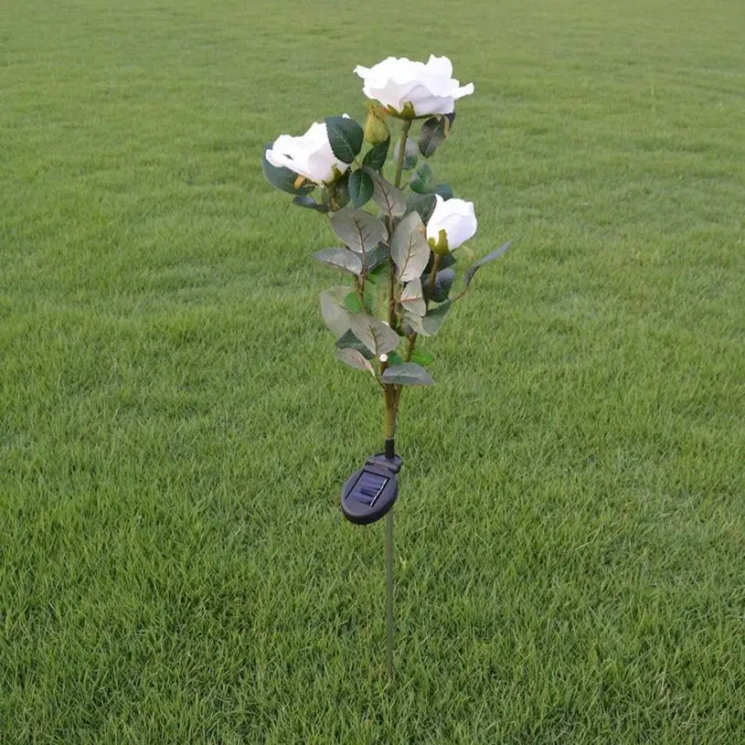3 Galvas Baltās Rozes zieds Saules Gaismas LED Dekoratīvās Āra Zālienu Lampa Mājas Dārzs Viltus Puķu Nakts Apgaismojums, IP44 Ūdensizturīgs Lampas