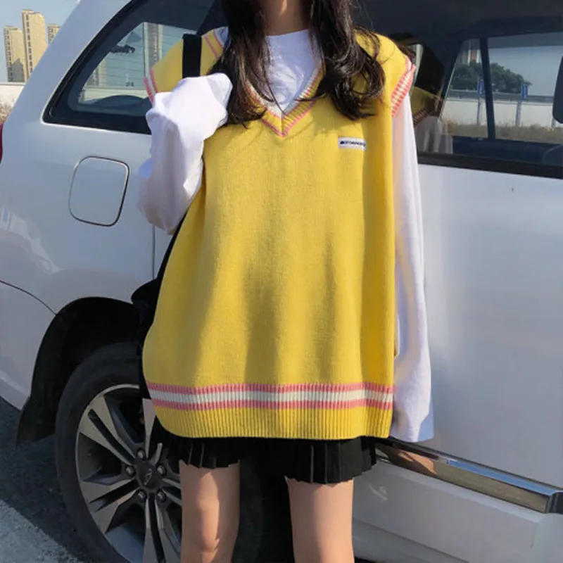 4 krāsas 2019 korejas preppy stils, V-veida kakla krāsu salikuma v kakla vestes džemperi sieviešu trikotāžas džemperi (X997)