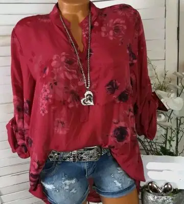 5XL Plus Lieluma Vasaras Topi 2019 Sieviešu Blūzes ar garām Piedurknēm Drukāt Stand Apkakli, Pogu Blūze Džemperi Sieviešu Apģērbu Krekls Blusa