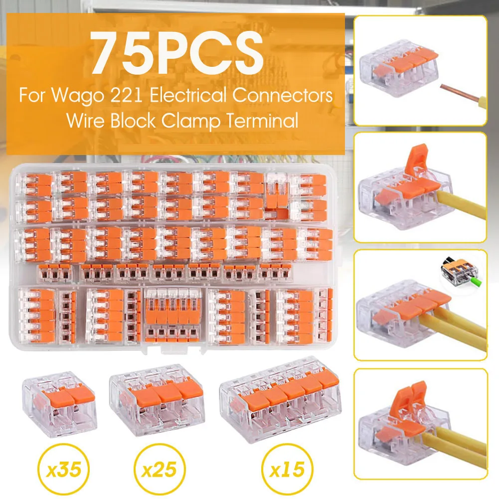 75pcs Par Wago 221 Elektriskie savienojumi Vadu Bloks Skava Kabeļu Gala Atkārtoti Mini Quick Mājas Vadu Terminālis Savienotājs