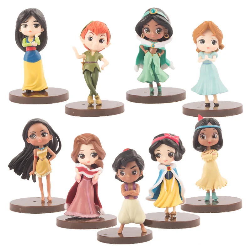 9pcs/komplekts Disney Posket Princeses, sniegbaltīte Belle Aladdin Pocahontas Tiger Lily Peter Pan PVC Skaitļi Rotaļlietas Dāvana Bērnam