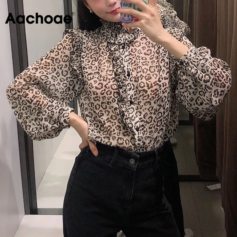 Aachoae Sieviešu Modes Leopards Drukāt Mežģīņu Blūzes 