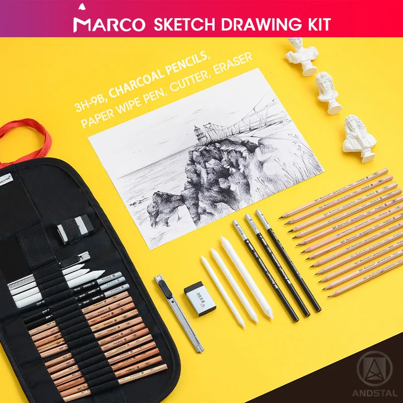 Andstal Marco 21pcs Profesionālās Skiču Zīmēšanas Value Pack Komplekts ar Melnas Ogles Zīmuļi Zīmuļi mākslas instrumentu komplekts Grafīta Zīmuļi