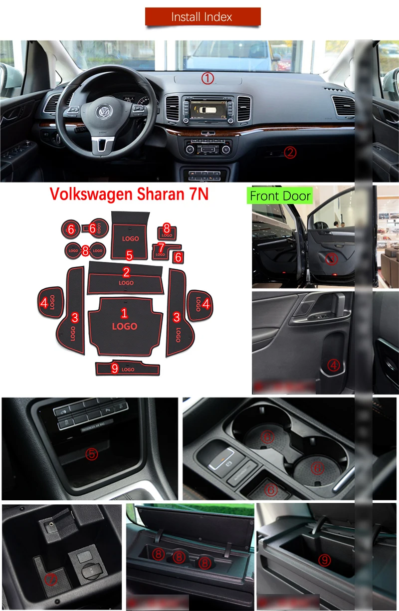 Anti-Slip Vārtiem Spēļu Paklājiņš Gumijas Kalniņi, par Volkswagen Sharan 7N SEAT Alhambra 2011 - 2018. gadam MK2 Piederumi Uzlīmes 2016 2017