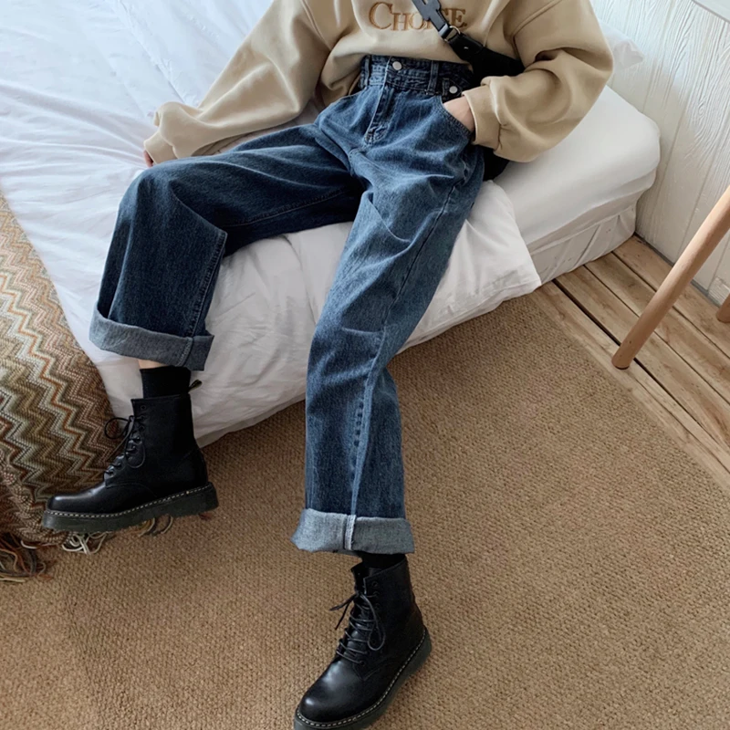Augsta Vidukļa Sieviešu Džinsi, Plats Kāju Džinsa Zilā Streetwear Vintage korejiešu Stilā Visu maču Vienkāršu Pilna garuma Jean Bikses Bikses