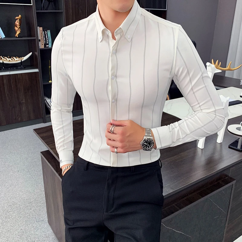 Augstas Kvalitātes Vīriešu Kleita Krekls Ar Garām Piedurknēm Vertikālas Svītras Krekls Vīriešu Slim Fit 