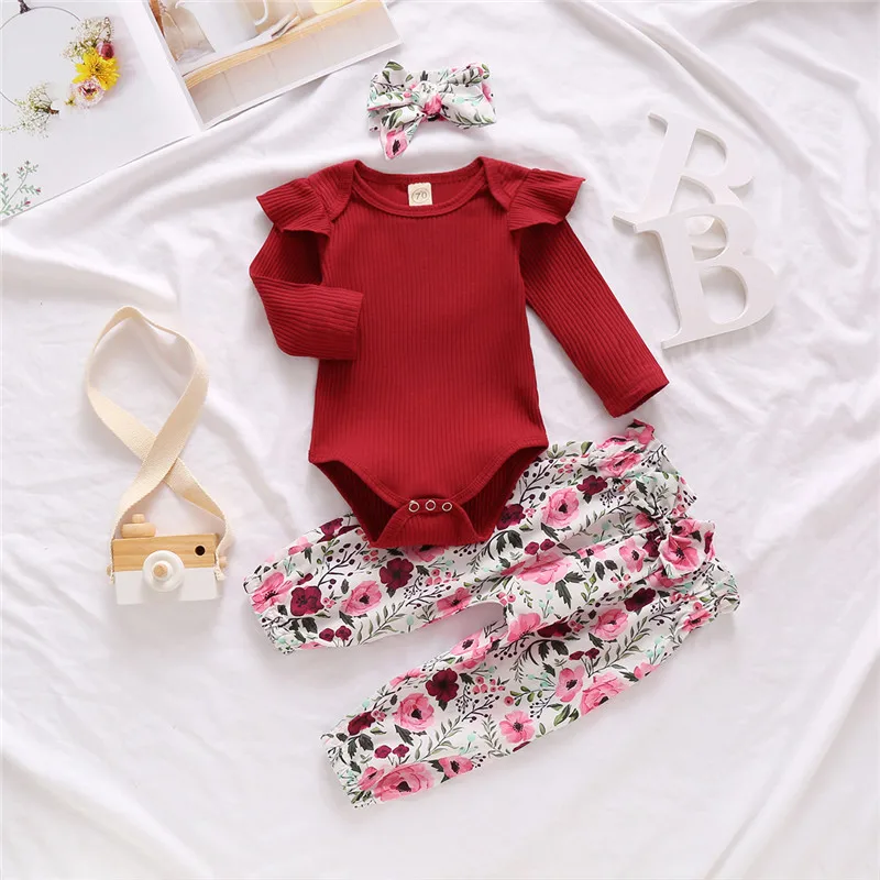 Baby Girl Apģērbu Komplekti Cietas Ribas Trikotāžas Bodysuit + Ziedu Bikses + Galvas stīpa 0-24M Jaundzimušā bērna Rudens Gadījuma Kokvilnas Apģērbs