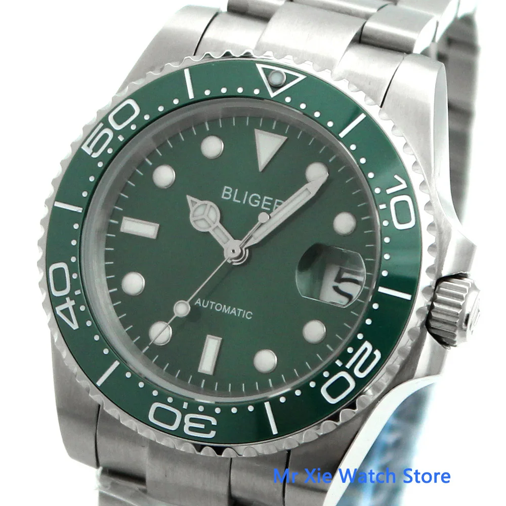 Bliger 40mm Mens Watch Green Dial Keramikas Bezel Safīra Stikla Gaismas Ūdensizturīgs NH35 Automātiskā Kustības Vīriešu rokas Pulkstenis