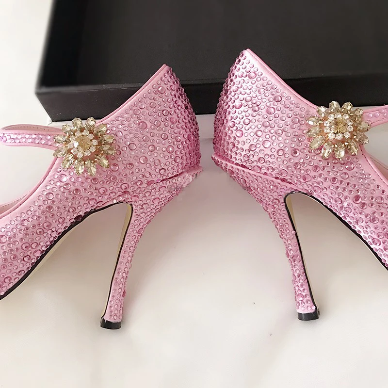 Bling bing kristāla dekori kāzu kleitu sieviešu kurpes ar augstiem papēžiem rozā satīna norādīja toe rhinestone sūkņi chaussures femme 2019