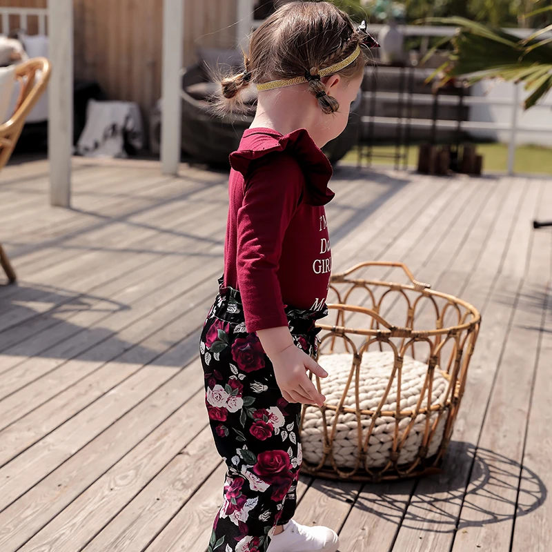 Bērnu Meitene Stilīgs Rudens Drēbes Karstā Pārdošanas Bezmaksas Piegāde Vēstuli Izdrukāt Garām Piedurknēm Romper Un Ziedu Bikses Galvu Diezgan Komplekti