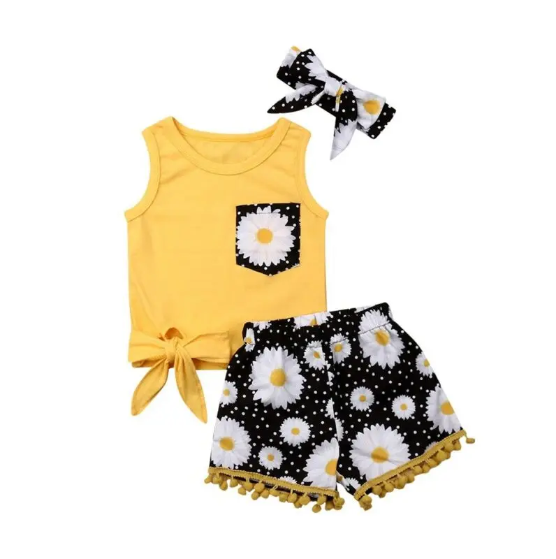 Bērnu Vasaras Apģērbu Baby Toddler Meitene Ziedu Piedurknēm Topi, T-krekli Pušķis Daisy Īss Galvu 3PCS Tērpiem Uzstādīt Sunsuit