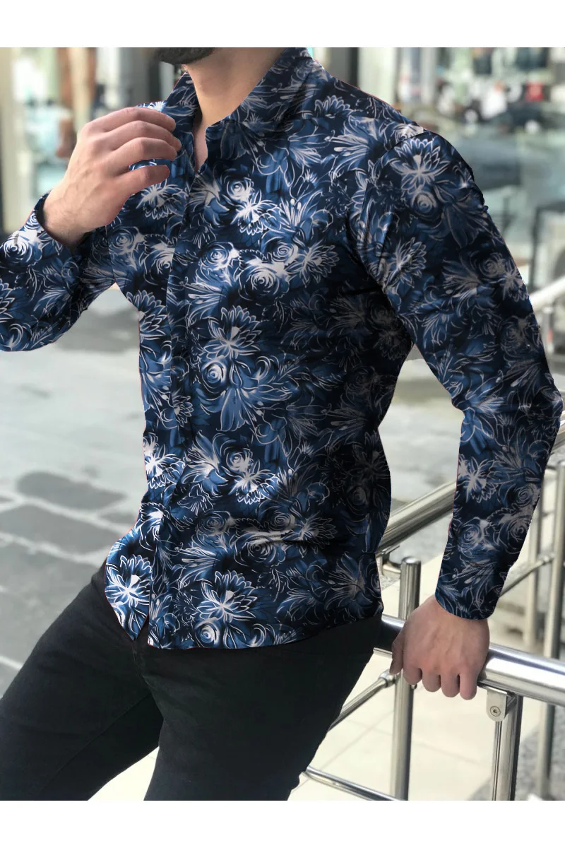 Camisas florales de manga larga de Otoño de 2021 para hombres, camisas estampadas con flores de corte delgado para hombres, cami