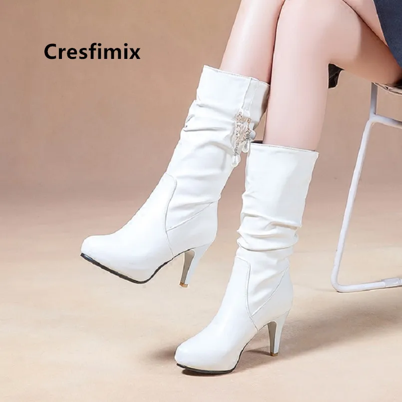 Cresfimix pusaudzis modes salds plus lieluma 34 līdz 43 rudens gari zābaki sieviešu modes melna pu ādas ziemas zābaki botas a6026