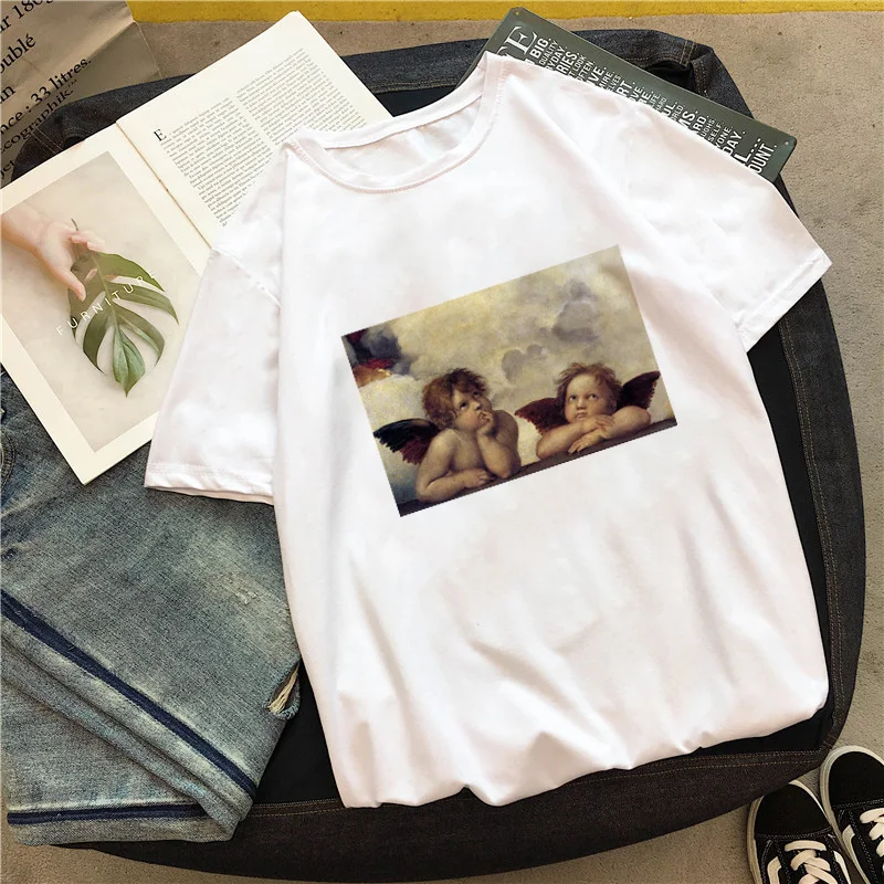 Cute Angel eļļas glezna drukāt sieviešu T-krekls Jaunu Vasaras modes gadījuma zaudēt smieklīgi Kawaii Ulzzang Tumblr sieviešu apģērbu Harajuku