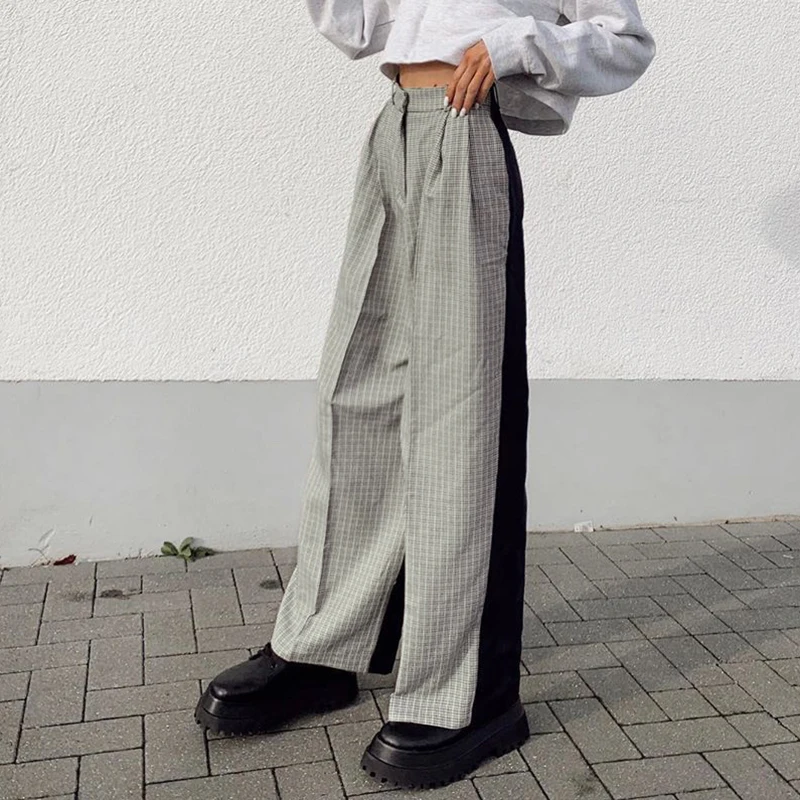 Darlingaga Harajuku Melni Raibs Pleds Bikses Sieviešu Vintage Taisnas Bikses, Kontrasts, Krāsa Raiba Augsta Vidukļa Biksēm Apakšā