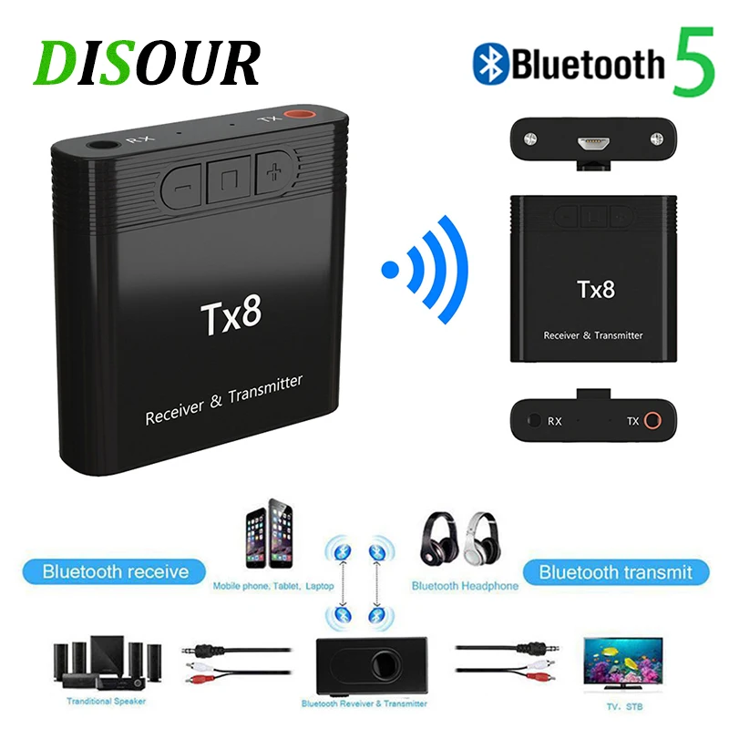 DISOUR TX8 5.0 Bluetooth Uztvērējs, Raidītājs Ar Skaļuma Kontroles Pogu 2 in 1 Audio Bezvadu Adapteris 3,5 MM AUX Auto TV PC
