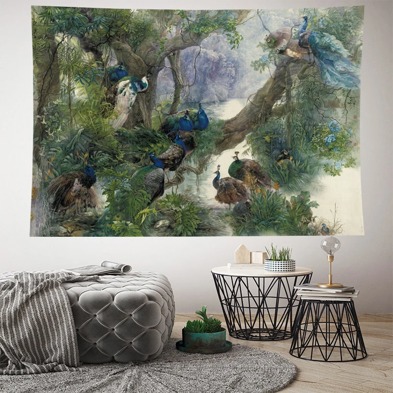 Elegants putnu gobelēns sienas karājas Zvaigžņotām putnu ainavu Gobelēni Meža Jogas Paklājiņš lauku mājas sienas dekori dzīvniekiem, Gobelēns, koks