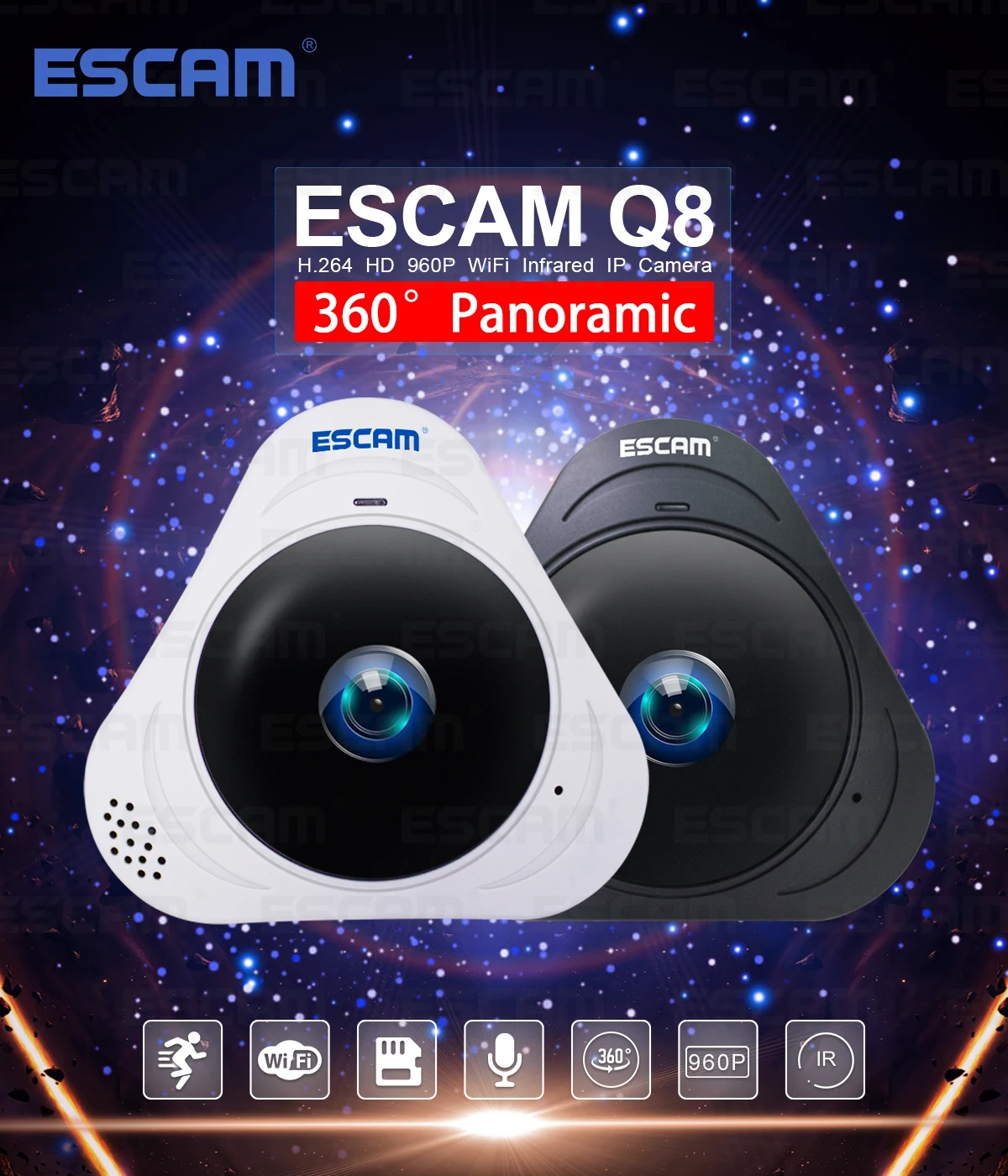 ESCAM Q8 HD (960P 1.3 MP 360 Grādu Panorāmas Monitors Zivsacs 