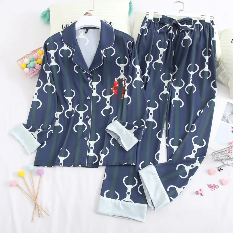 Fiklyc Pavasara Dāmas Pidžamas Komplekts Satīna Savukārt Apkakle Gadījuma Sleepwear Jaciņa Naktsveļu garām Piedurknēm Loungewear Sieviešu Apģērbu