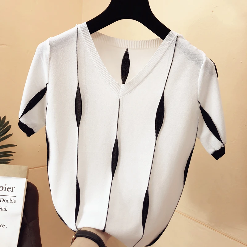 GGRIGHT Plānas Trikotāžas Džemperi Sievietēm Svītrainām V-veida Kakla Brīvs Džemperis ar Īsām Piedurknēm Sieviete Drēbes Camiseta Mujer 2020. Gada Vasaras Karstā