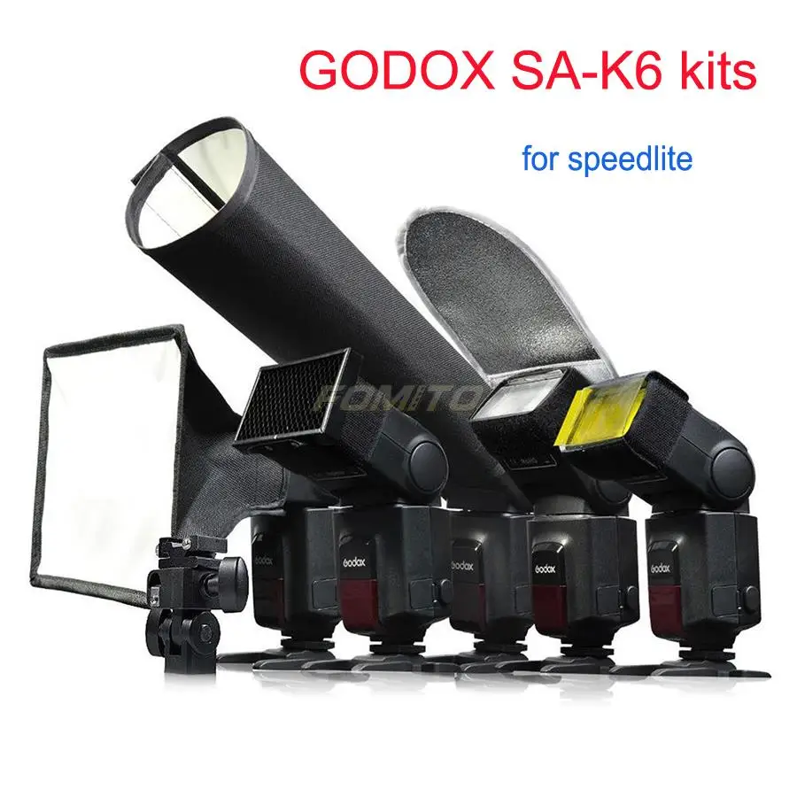 Godox SA-K6 6 in 1 fotogrāfija speedlite Piederumu Komplekts Softbox Filtrs Atstarotājs, Šūnveida Snoot Flash Turētājs Speedlite