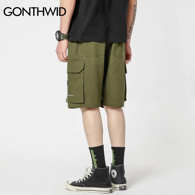 GONTHWID Mens Multi Kabatas Baggy Kravas Šorti Vasaras Gadījuma Ceļa Garums Elastīgs Viduklis Īsās Bikses Bikses Harajuku Streetwear