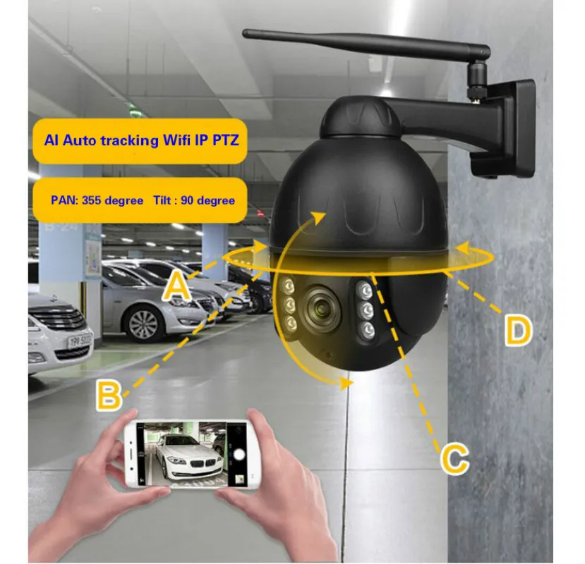 H. 265 Cilvēku Auto izsekošana 2MP WiFi PTZ kameras, Diena, nakts, pilna krāsu P2P bezvadu smart IS Ātrums Dome 1080 P wiFi CCTV kameras