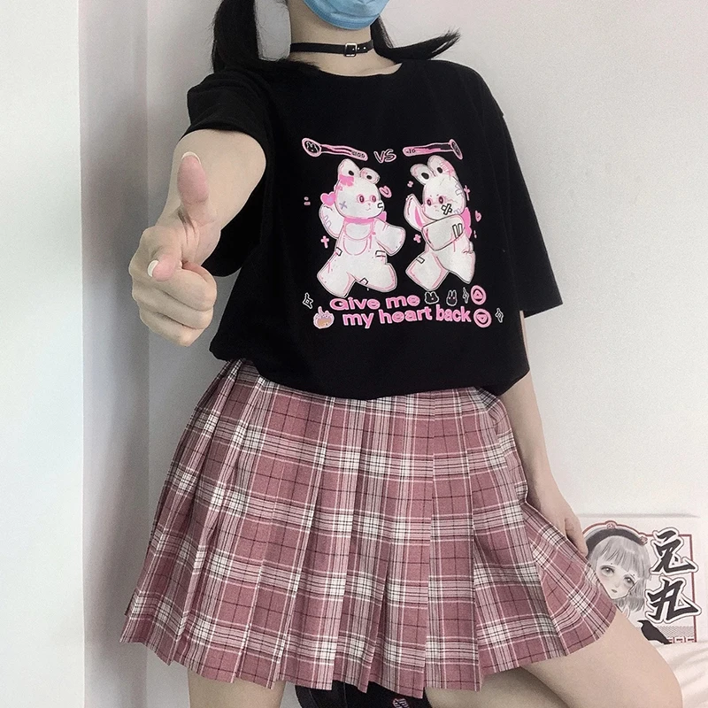 Harajuku Sieviešu T-krekls Streetwear Zaķis Gotu Burtiem Drukāt Īss, Īsām Piedurknēm Tee 2020. Gada Vasaras Studentu Brīvs O-veida kakla Meiteņu Topi