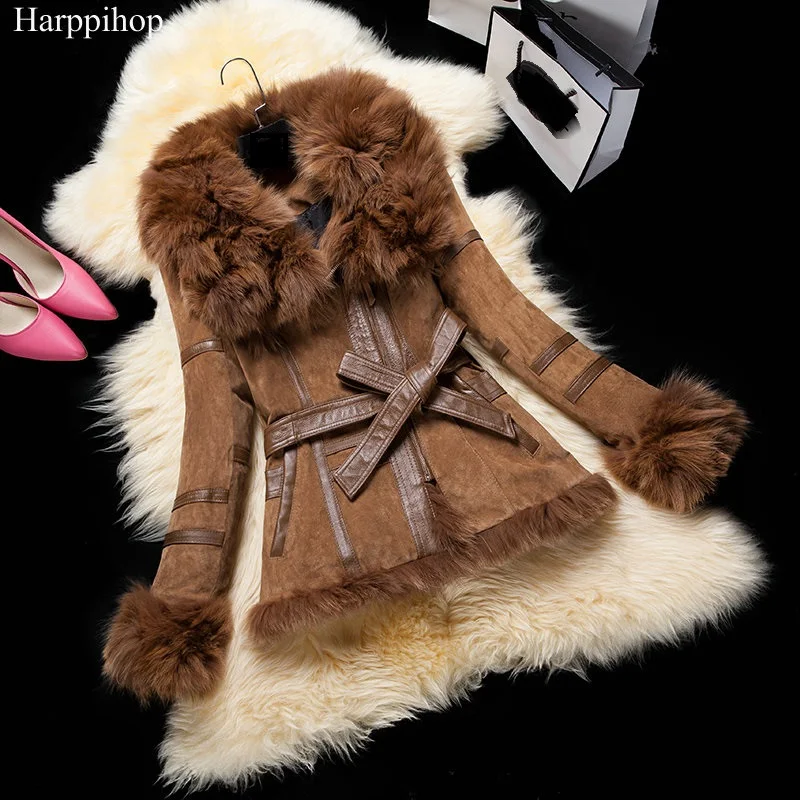 Harppihop Ziemas jaka Lady cūku Ādas Mētelis Žaketes, ar lieliem Fox Kažokādas apkakli, trikotāžas āra apģērbus, Segas Silti Mēteļi Sieviešu Kažokādas jaka