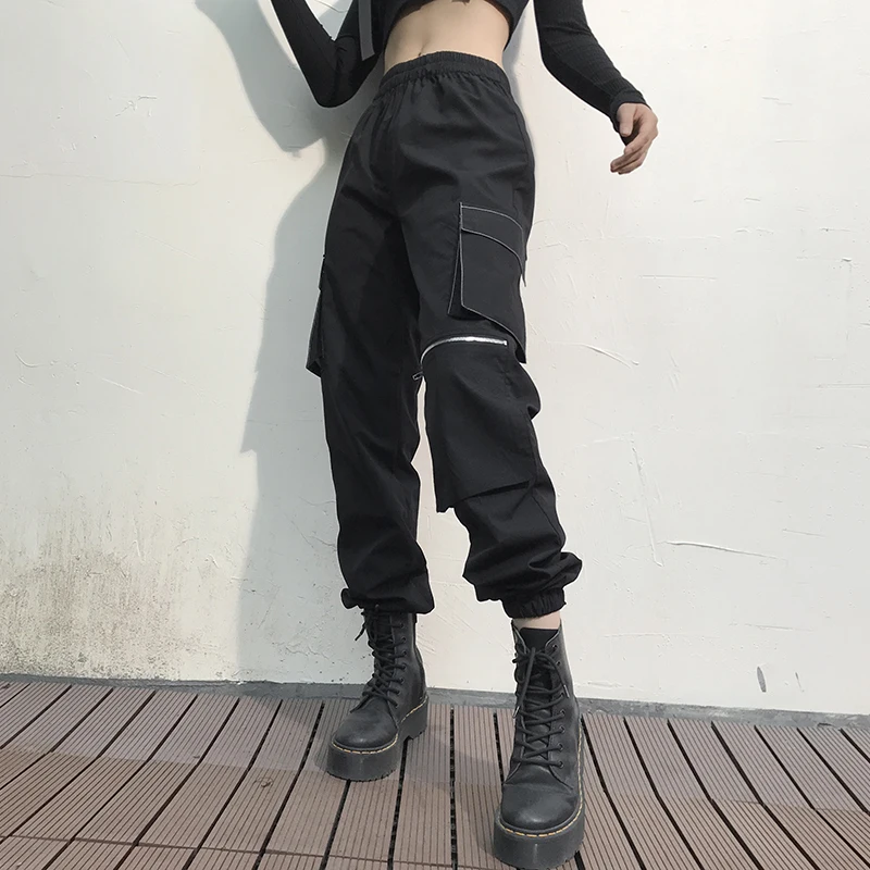 HEYounGIRL Atvērt Rāvējslēdzēju Melnā Augsta Vidukļa Biksēm Harajuku Gadījuma Bikses Sievietēm Kabatas Modes Streetwear Treniņbikses Izdilis Korejiešu