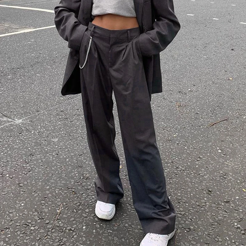 HEYounGIRL Gadījuma Taisni Uzvalku Bikses Sieviešu Modes High Street Garas Bikses, Dāmām Cietā Tumši Pelēkas Bikses, Capri Kabatas Korejiešu
