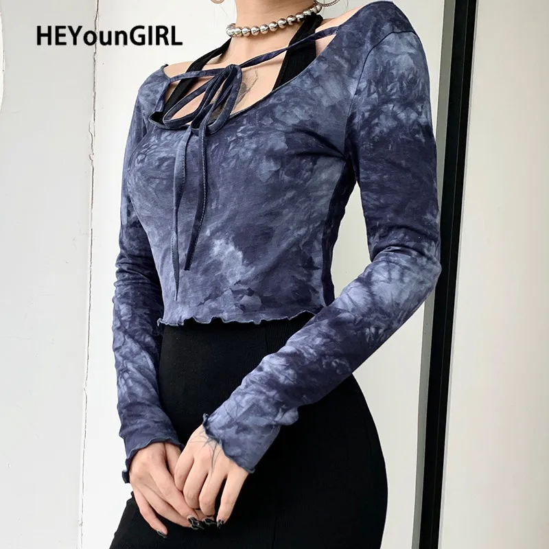 HEYounGIRL Priekšā Sasiet Kaklasaiti Krāsu Drukas Apgriezts T Sievietēm Gadījuma Long Sleeve Tee Kreklu Femme Modes korejas T-krekls Dāmas Iela