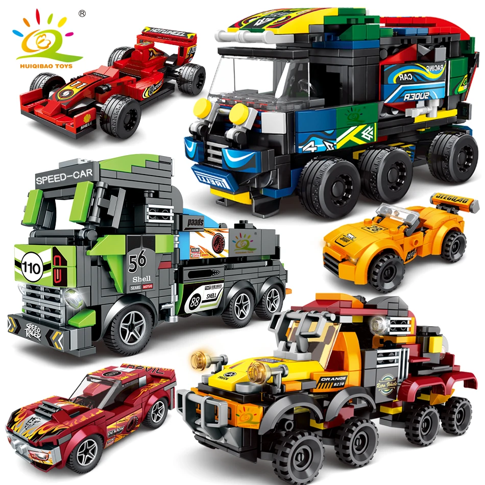 HUIQIBAO ROTAĻLIETAS 4in1 Pilsētas Sacīkšu auto Celtniecības Bloki Ātrums Čempioni Sporta Automašīnu Braucēji Attēls Bērniem Transportlīdzekļa ķieģeļi, rotaļlietas, bērnu dāvanu