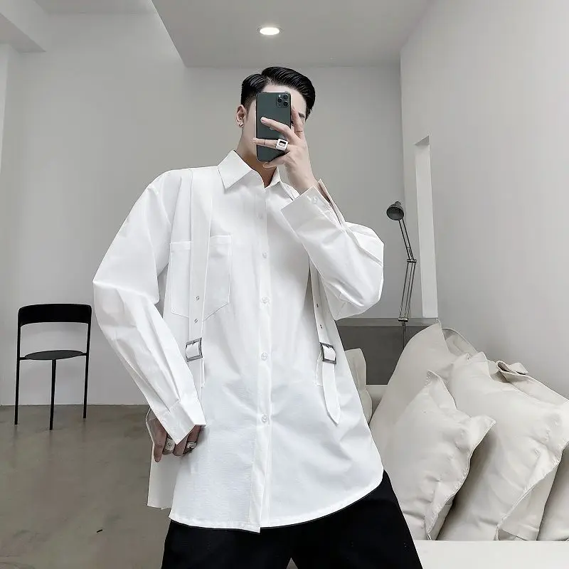 IEFB /vīriešu apģērbi pārsējs melns balts krekls vīriešu 2021. gada Pavasarī jaunu personību siksnas dizainu, vintage liela izmēra gadījuma topi 9Y3315