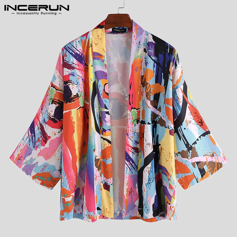 INCERUN Modes Vīrieši Vintage Kimono Japāņu Stila Iespiesti Yukata Pusi Piedurknēm Virsdrēbes Zaudēt Blūze Jaka Vīriešu Apģērbu, S-3XL