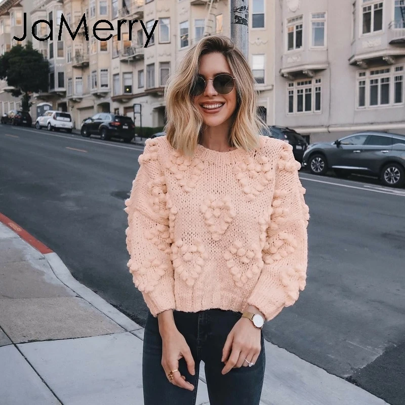 JaMerry Vintage pink hairball rudens ziemas džemperi dāmas ar garām piedurknēm ikdienas džemperis 2019 Modes šiks mīksti adīts džemperis