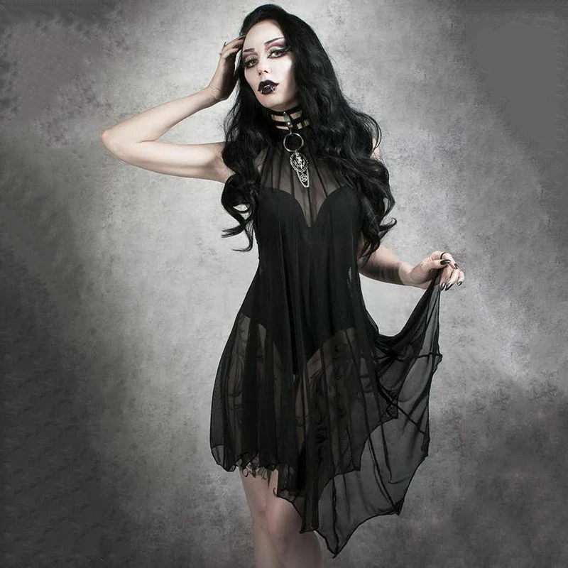 Jaunas Halloween Marli Sexy Black Mesh Dress Sieviešu Bat Gothic Bez Piedurknēm Stāv Apkakle Drapēti Caurspīdīgu Mežģīņu Kleita Femme Vestidos
