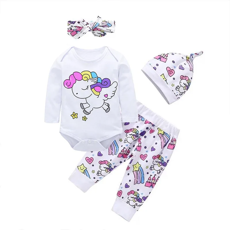 Jaundzimušais Meitene Apģērbu Komplekti Zīdaiņiem Modes Varavīksnes Karikatūra Pegasus Zvaigžņu Sirds Pils 4gab Cepure+Galvas+ar garām Piedurknēm+Tops+Bikses