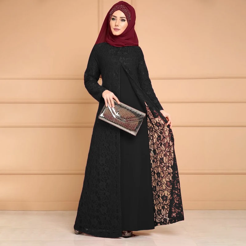 Jauno Musulmaņu Mežģīnes IslamicAbaya Dubaija Sievietēm Musulmaņu Komplekti Modes Maxi Kleita, Hijab Kleita Indija Dāmas Oficiālu Apģērbu, Turcija Rudens