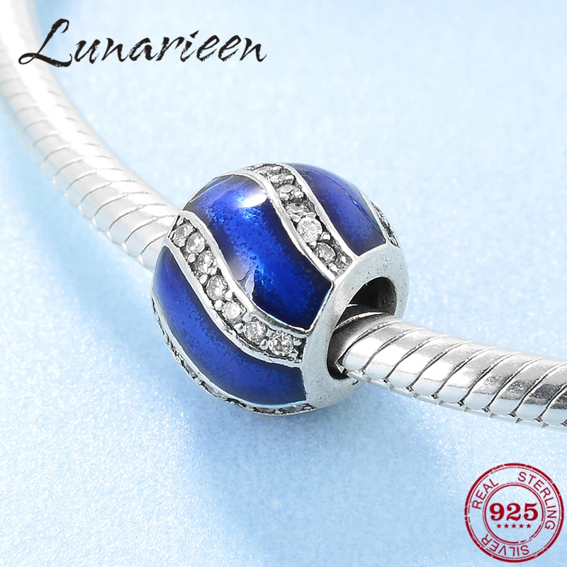 Jauns 925 Sterling Silver Modes zilu viļņotu spīdīgu zircon DIY apaļas pērles Fit Original europeu Šarmu Rokassprādzi Rotaslietu izgatavošana