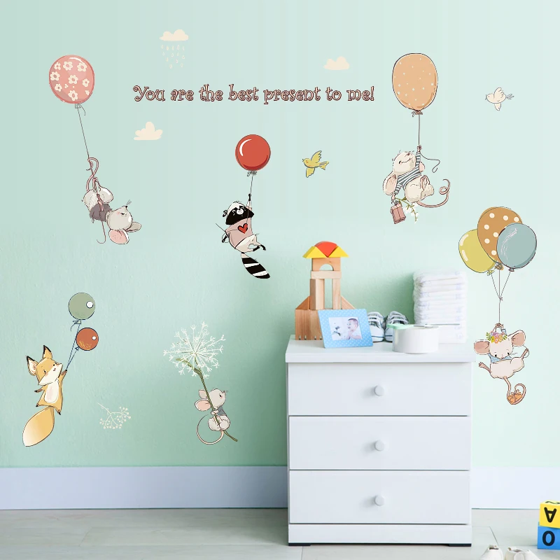 Karikatūra Dzīvnieku Bildītes Krāsains Balons, Sienas Uzlīmes Bērniem Telpām Apdare Pirmsskolas Klasē Noņemams Tapetes Plakāts