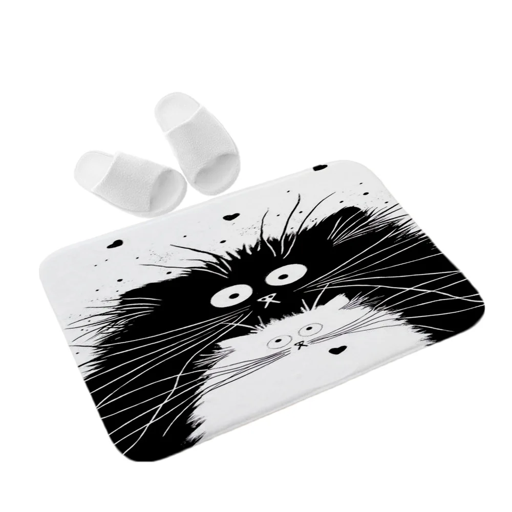 Karikatūra Dzīvnieku Modelis Grīdas Paklājiņš, Melns un Balts Doormat Kaķis Flaneļa Drukāšanas Durvju Paklāji Ieejas Durvīm Anti-skid Virtuves Mat